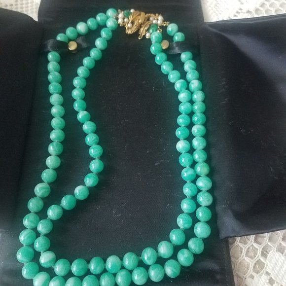 Prestige Jewelry - Vintage Green Glass Hand Knotted Beads with Floral Clasp by Vintage